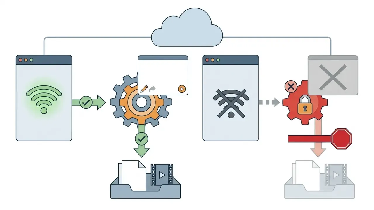 Comparison of cloud-connected editing with active internet versus blocked access during offline states