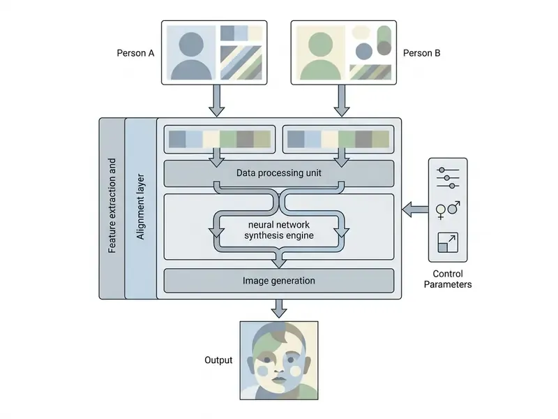 Diagram showing how two input photos are processed by a neural network to generate a baby face
