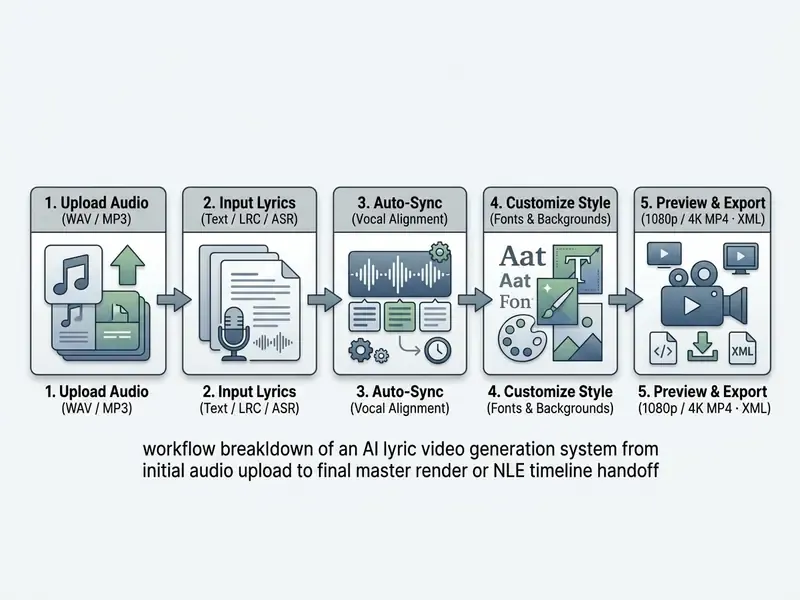 Five sequential steps illustrating the process from audio upload to final video export and rendering