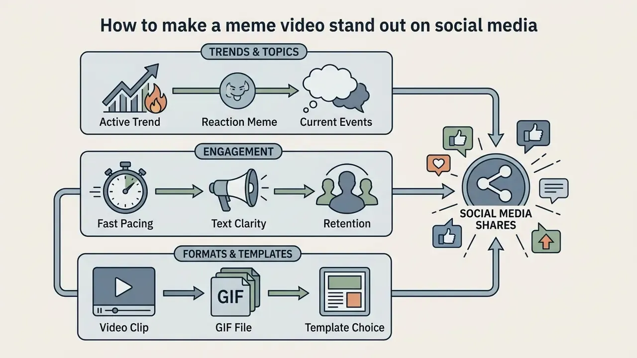 Three rows of icons for trends, engagement, and formats leading to social media shares