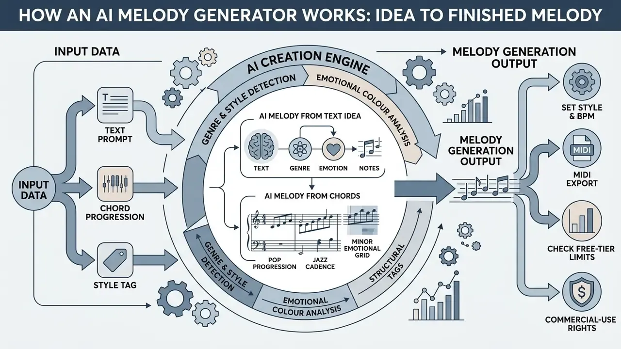 Flowchart showing how an AI melody generator processes text prompts or chords into musical output