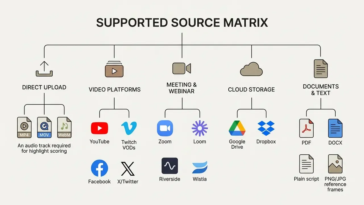 Categorized list of supported file formats and platforms for the AI short video generator