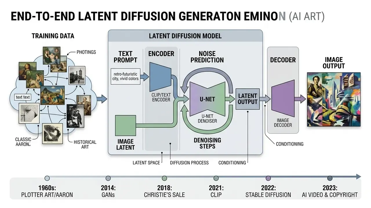 Technical diagram showing how AI creates images through a latent diffusion pipeline from data to output