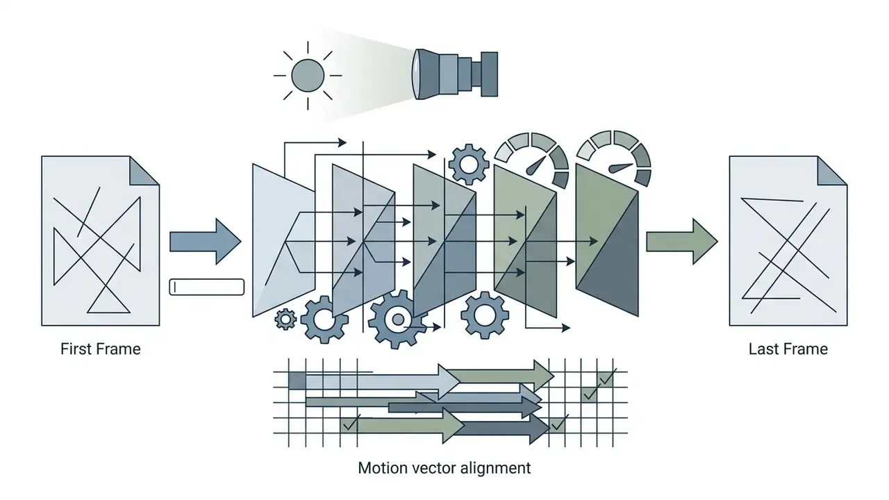 System processing two keyframe documents through a series of gears and alignment vectors for animation