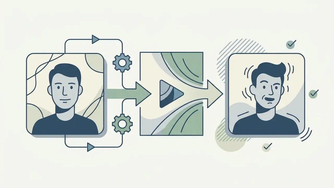 Static portrait of a man being processed by gears and a play button into an animated speaking character