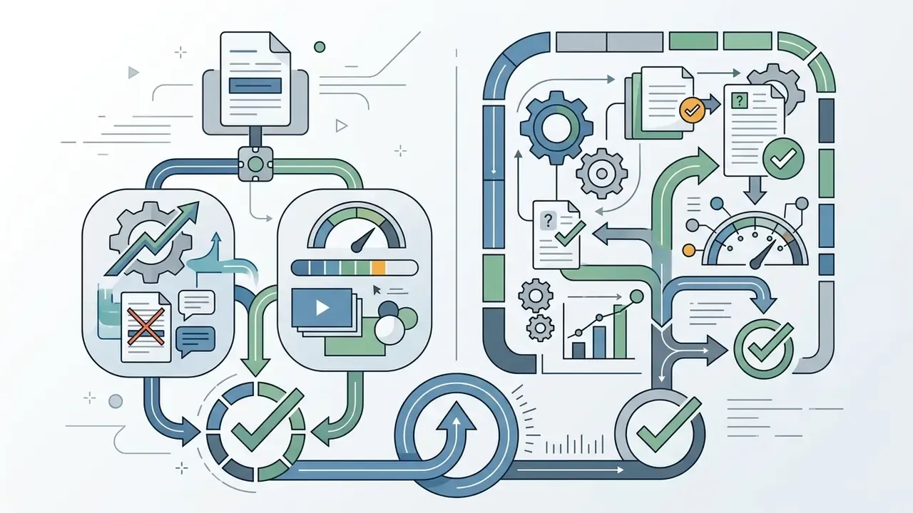 Linear path of document processing through gears and gauges into verified output and quality checkpoints