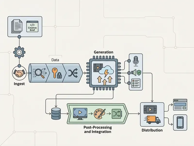 Step-by-step diagram showing the API integration pipeline from data ingest to final content distribution