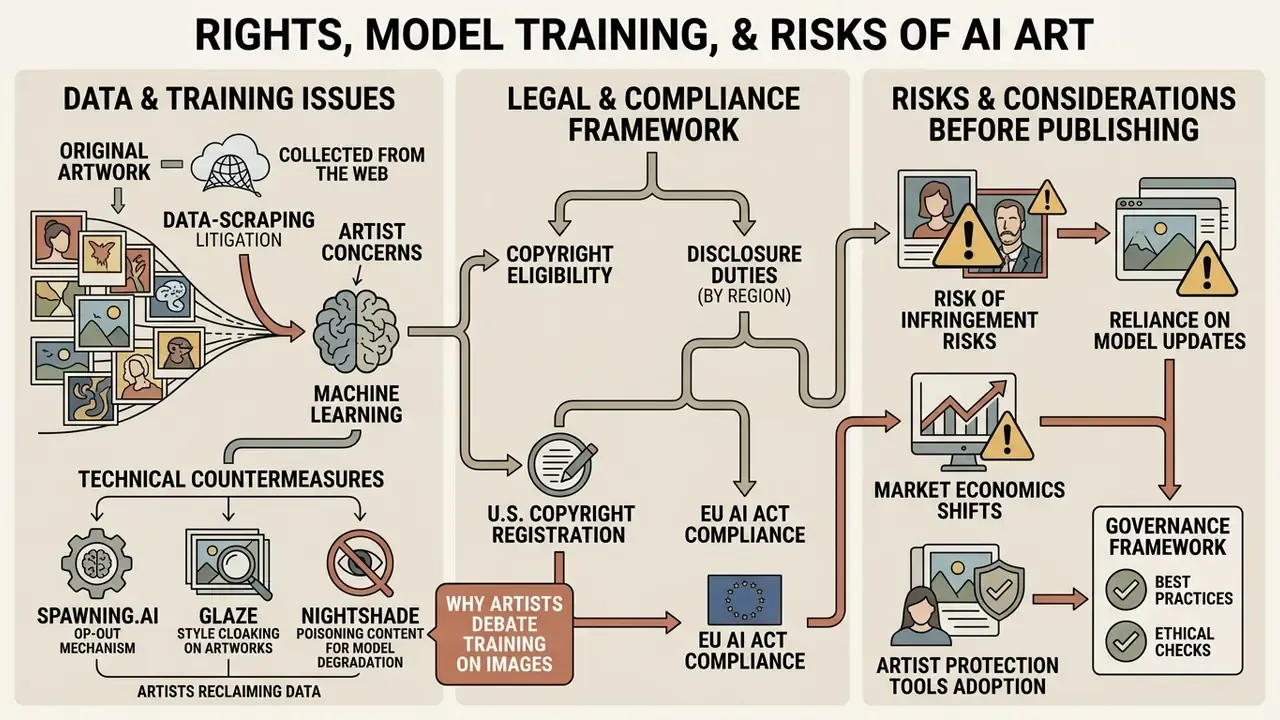 Diagram mapping data training issues, legal frameworks, and publishing risks for AI art tools