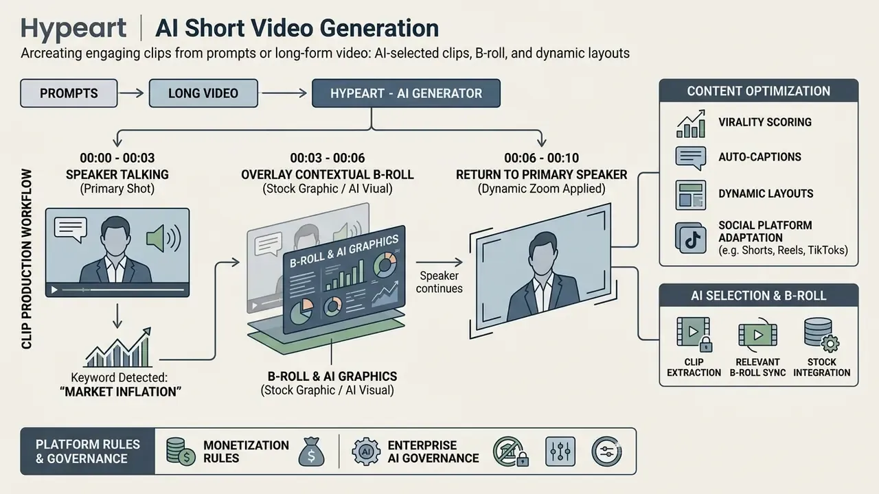 Timeline showing how AI inserts contextual B-roll graphics into a speaker video based on detected keywords