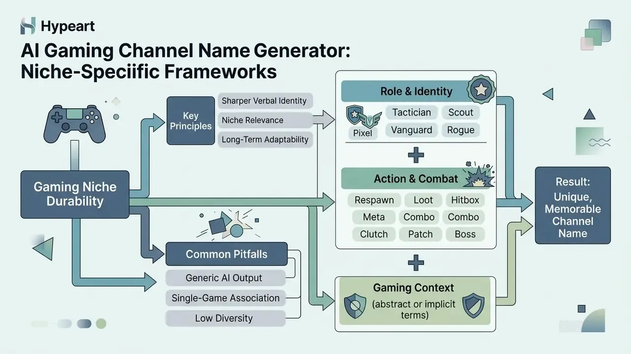 Flowchart mapping gaming niche durability to role, action, and context categories for naming