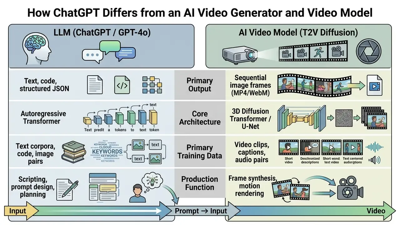 Comparison table contrasting the architecture and functions of ChatGPT with an AI video generator