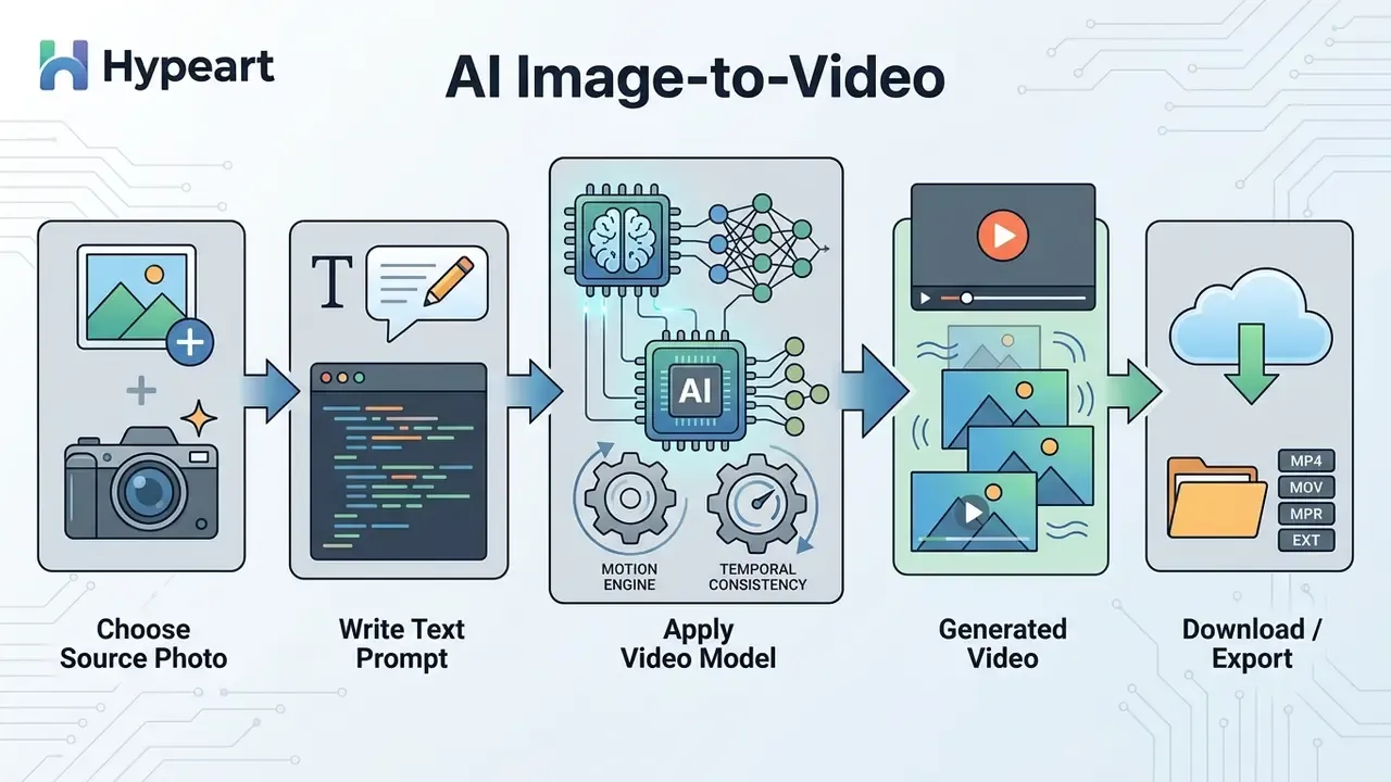 Flowchart illustrating the five steps to turn photo into video AI from source selection to final export