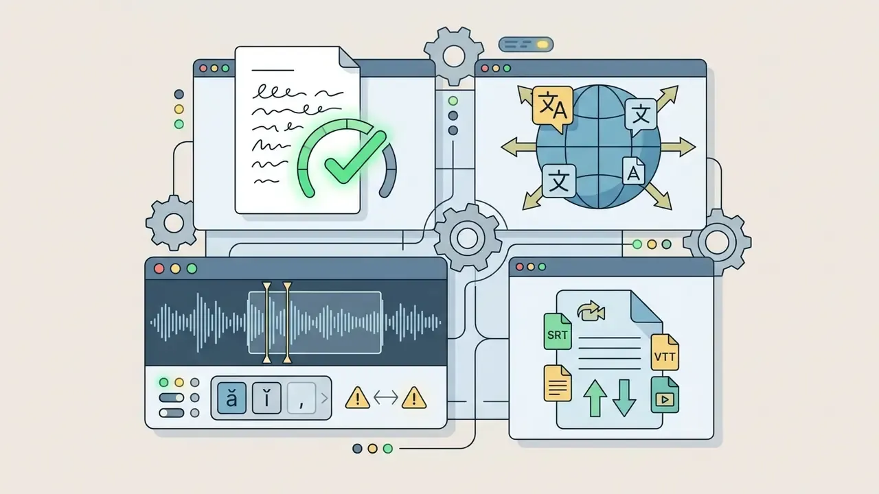 Four software windows showing text editing, global translation, waveform synchronization, and file exports