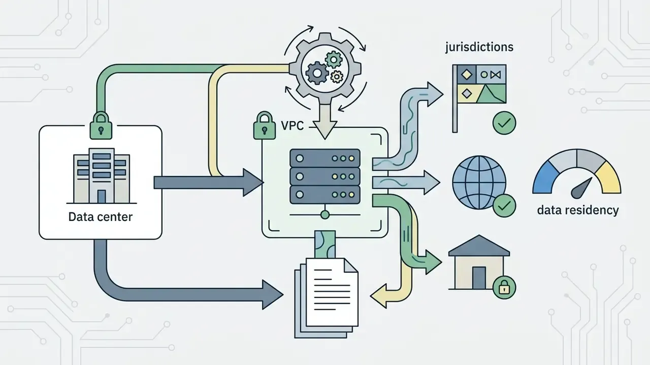 Data center and VPC processing paths leading to various global jurisdictions and storage locations