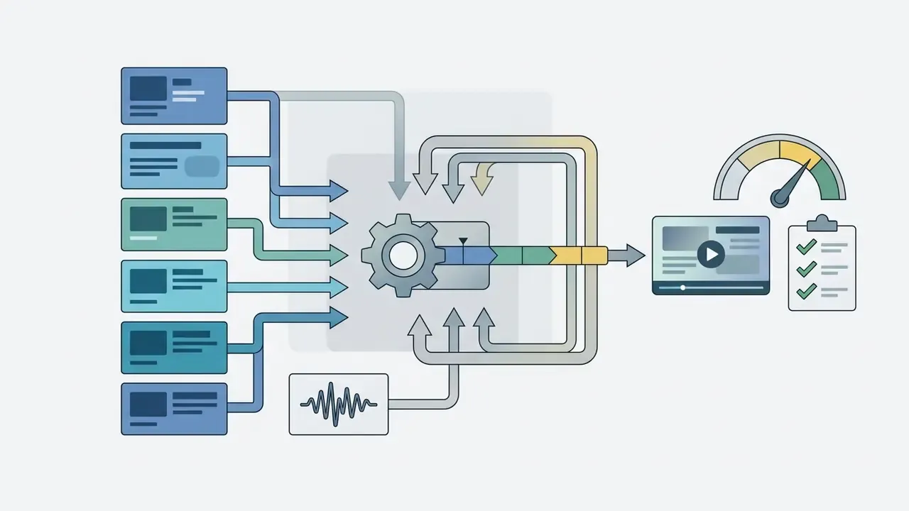 Data blocks feeding into a central gear mechanism that outputs a video file with a speed gauge and checklist