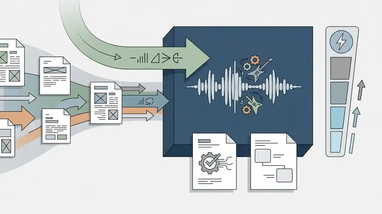 Document inputs flowing into a central processor to create electric guitar audio waveforms and energy levels