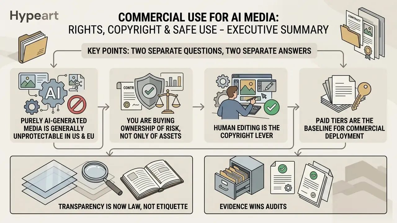 Infographic outlining key legal and copyright considerations for the commercial use of AI media