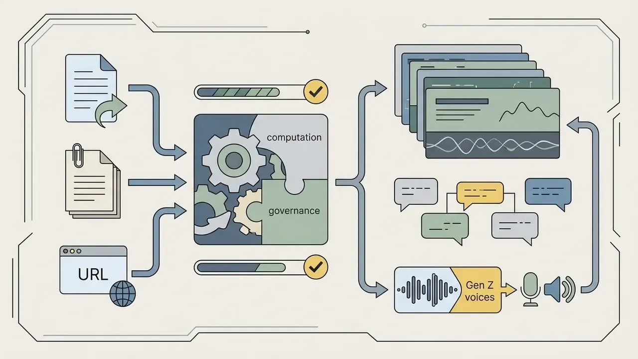 Workflow showing data inputs feeding into a central processing engine that outputs media and speech elements