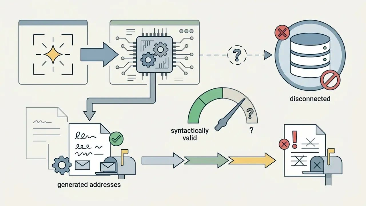 AI processor generating email addresses that are syntactically valid but disconnected from live databases