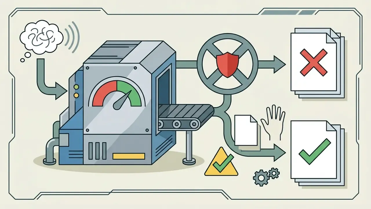Machine processing AI thoughts into rejected raw output or accepted human-edited documents