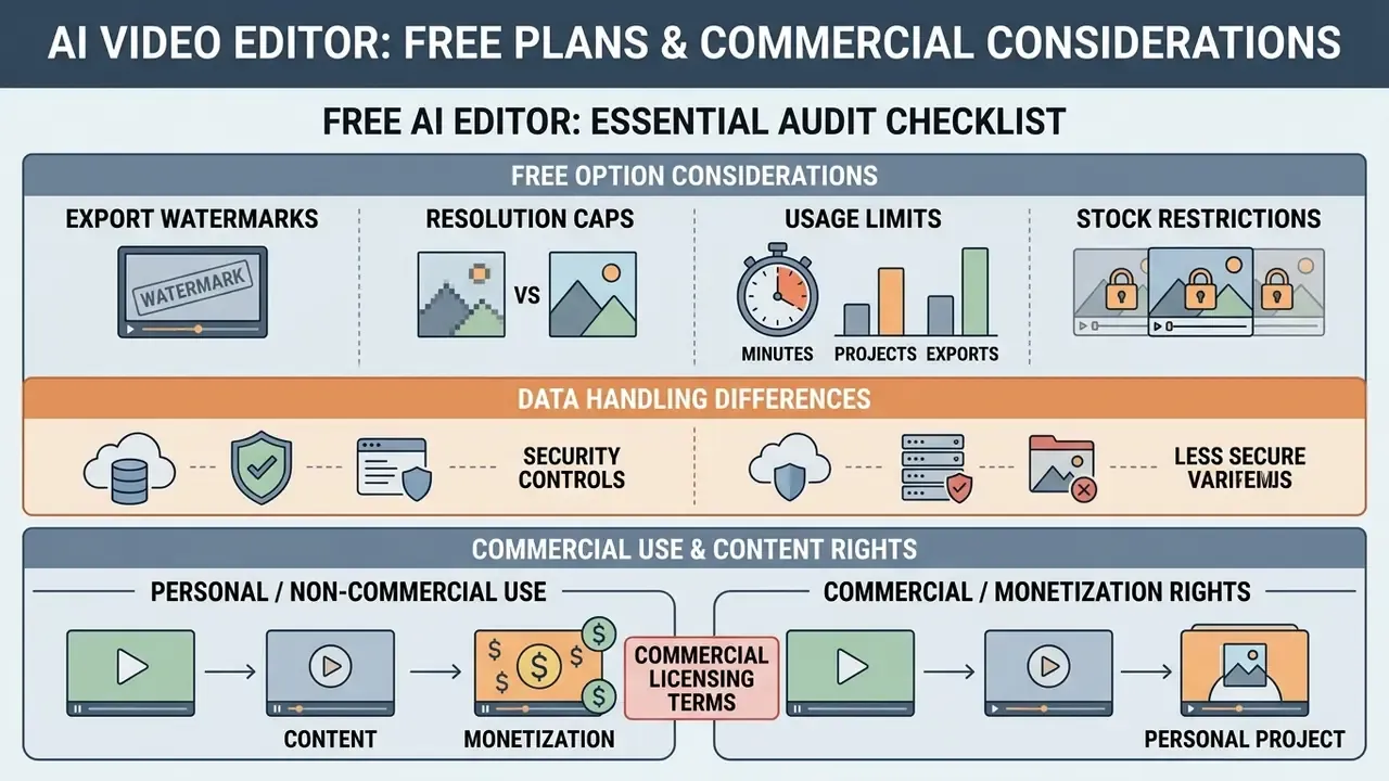 Checklist showing considerations for free software including usage limits, data security, and licensing