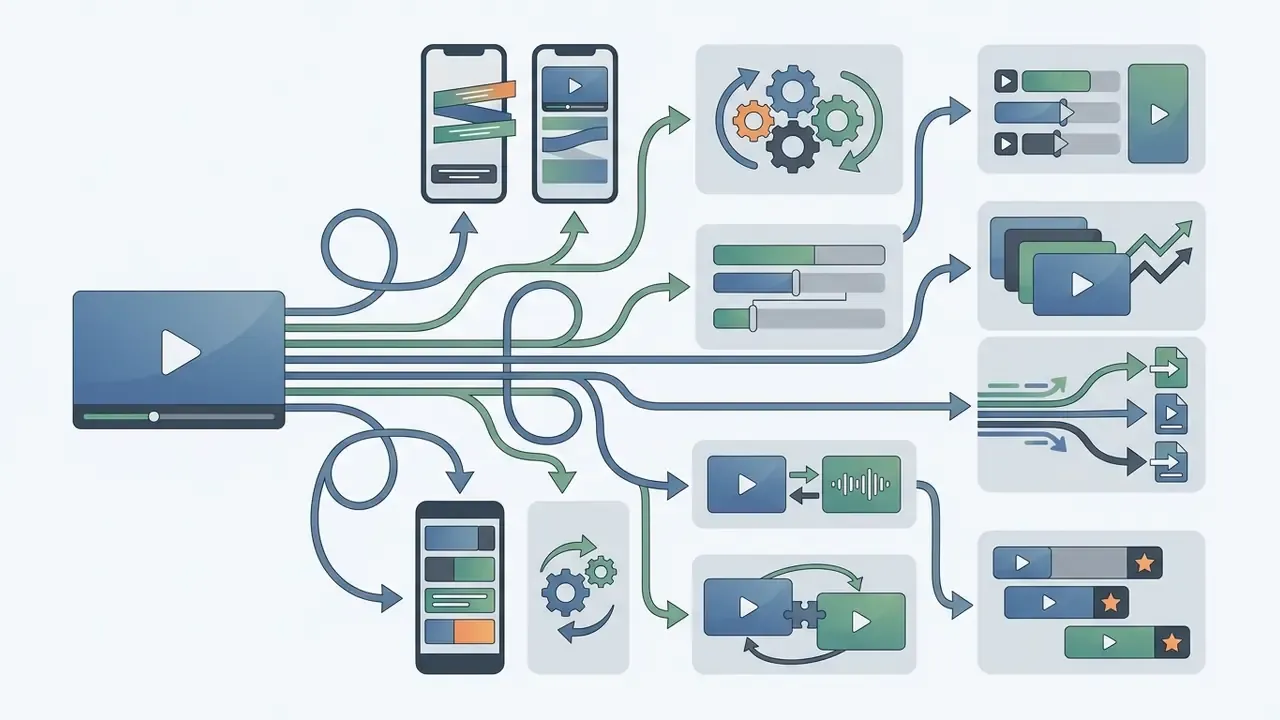 Diagram showing a master video file being split into various mobile formats, assets, and export options