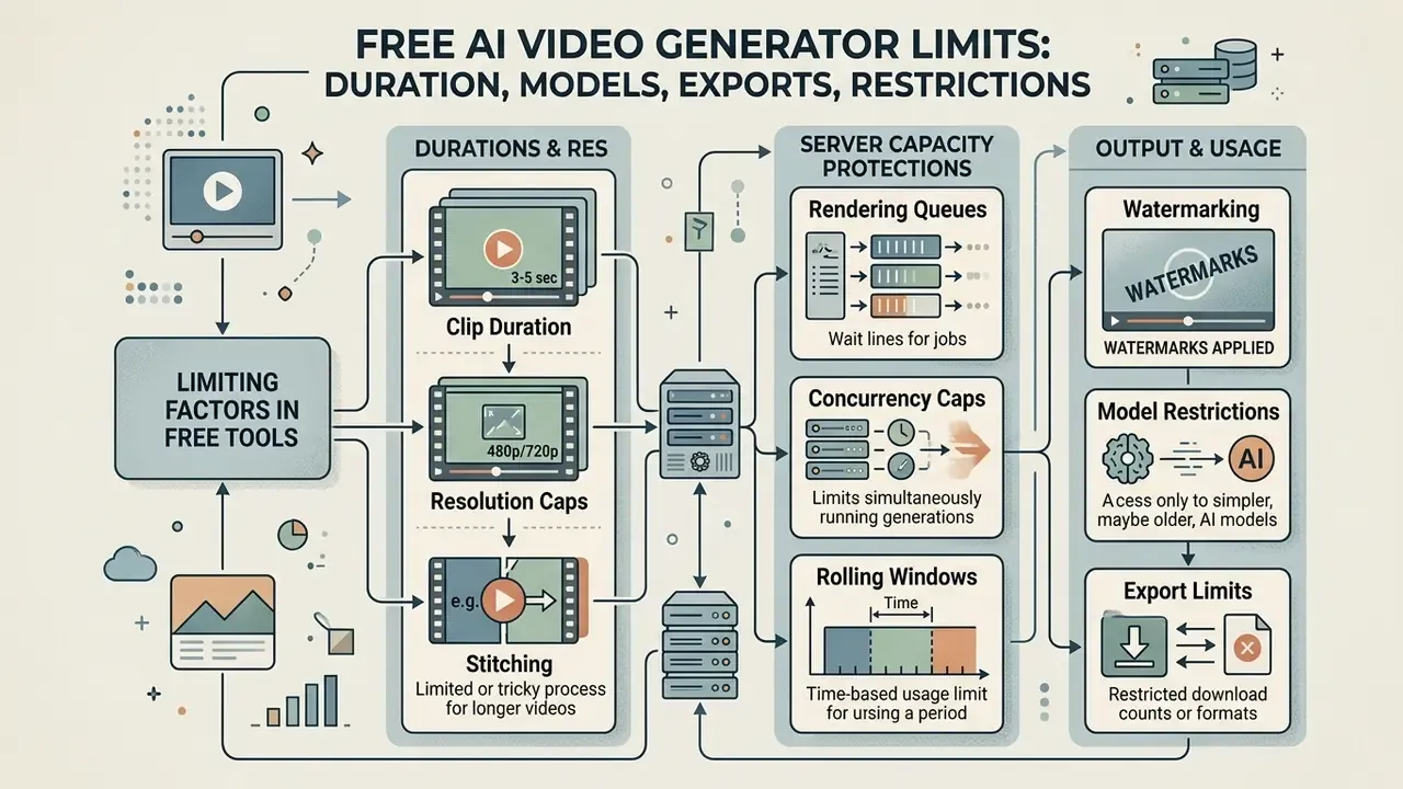 Diagram detailing technical constraints like duration, resolution, and server capacity for free AI video tools