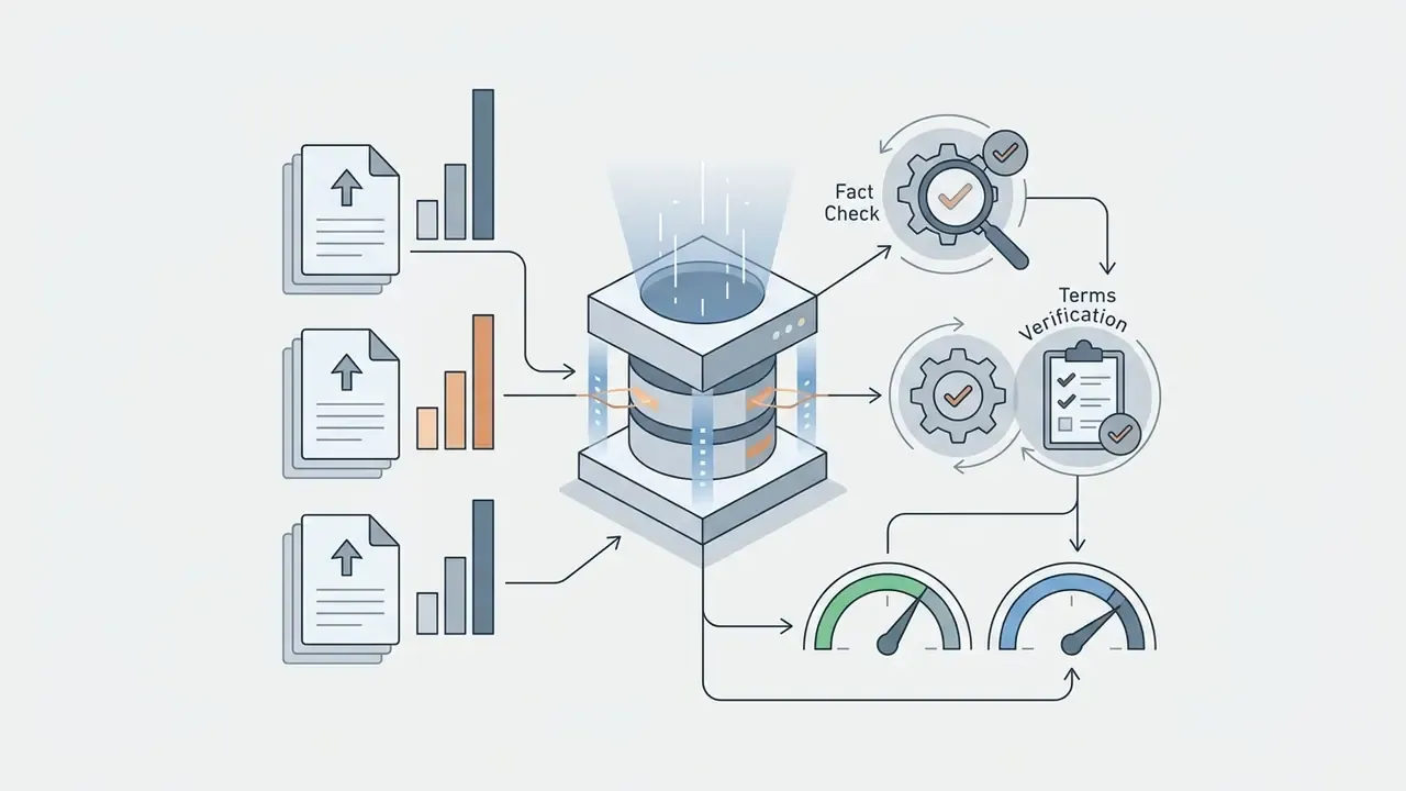 Document uploads and bar charts feeding into a processor linked to fact check gears and verification gauges