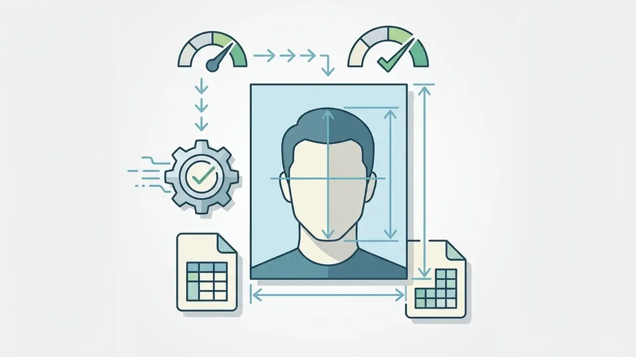 Head silhouette in a frame with measurement arrows and icons representing processing and file output