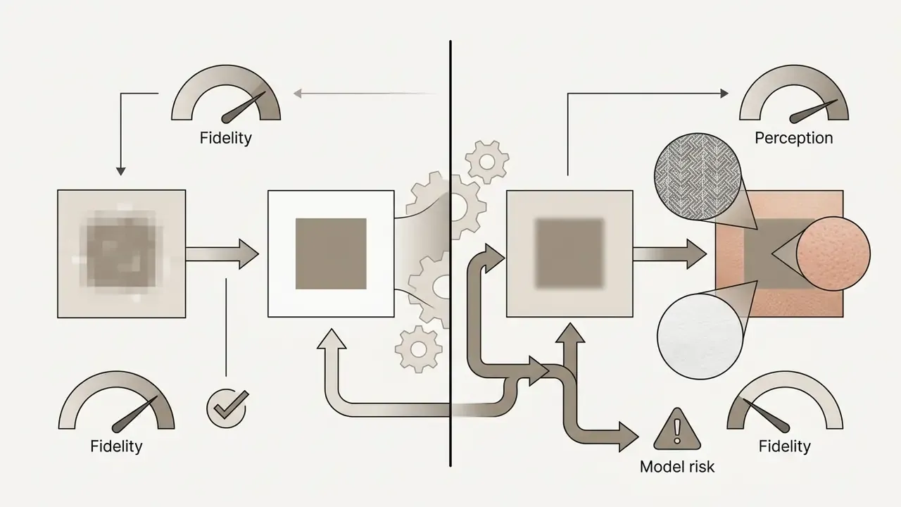 Split view comparing high fidelity processing with low fidelity synthesis of textures and model risk