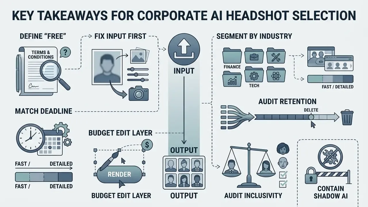 Infographic outlining strategic considerations for corporate portrait tools including privacy and workflows