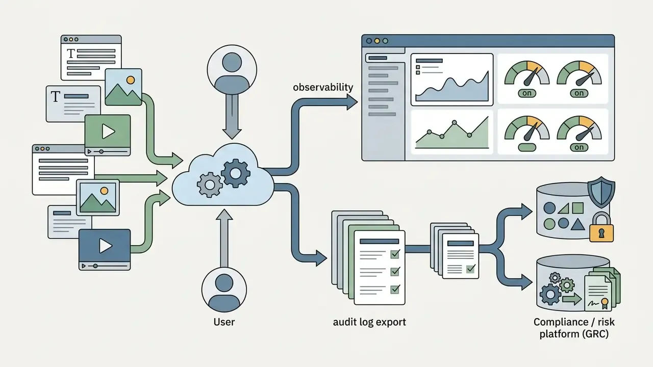 Inputs flowing into a cloud system that routes data to observability dashboards and GRC audit logs