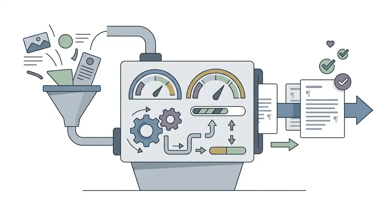 Mechanical funnel feeding personal documents into a processing machine to output a finalized text document