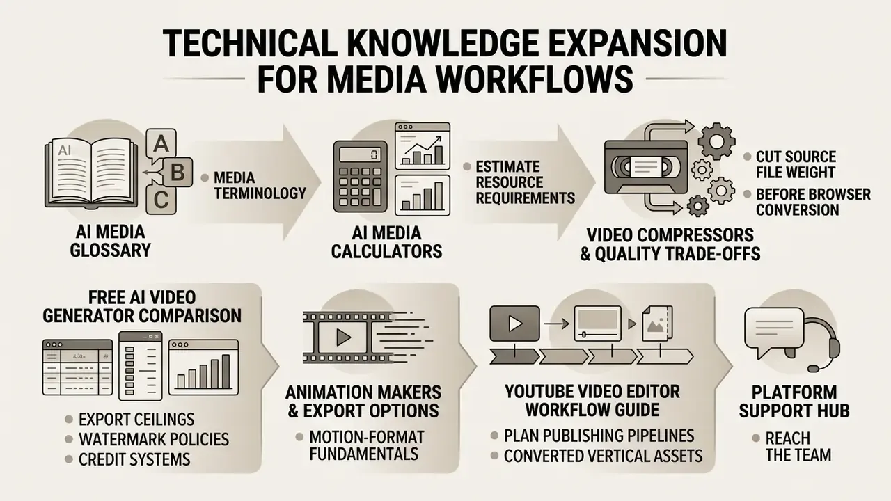 Infographic showing a series of icons representing media workflows including calculators and support tools