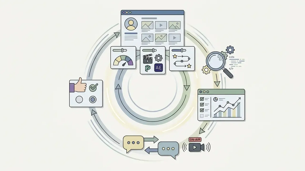 Circular workflow connecting portfolio profiles, analytics, chat tools, and project approval steps