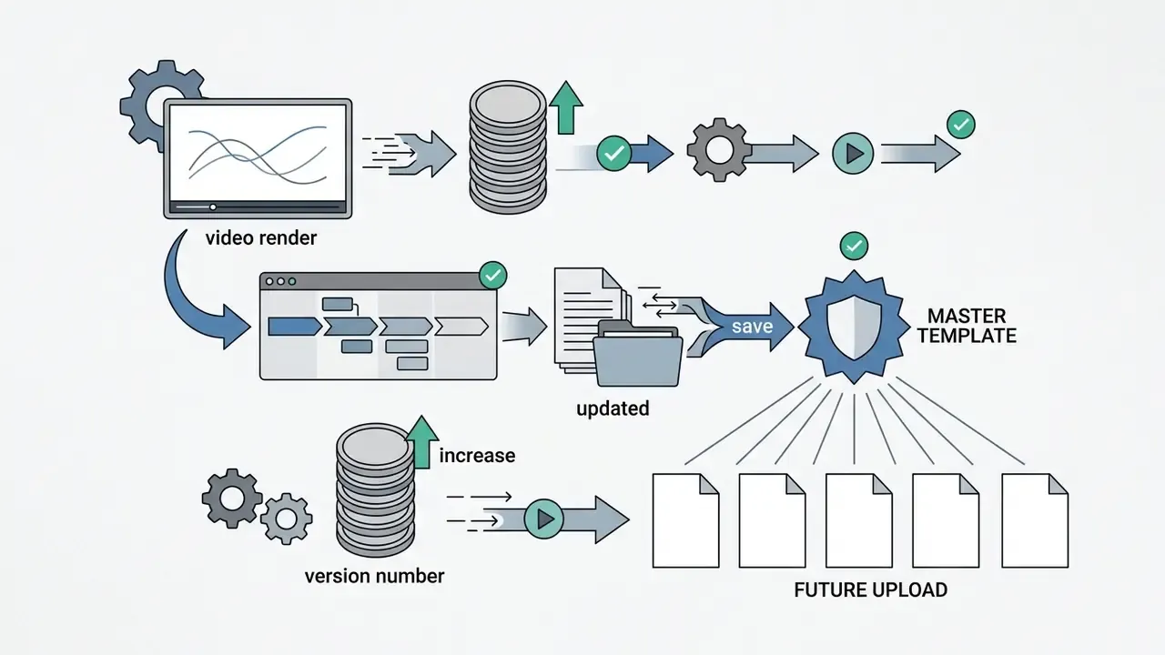 Video render process updating a master template to standardize assets for all future uploads