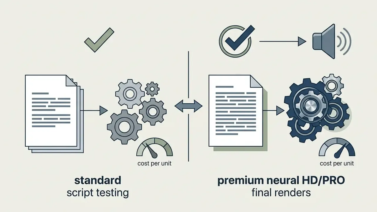Comparison of standard and premium neural HD/PRO tiers for an AI child voice generator by cost and usage