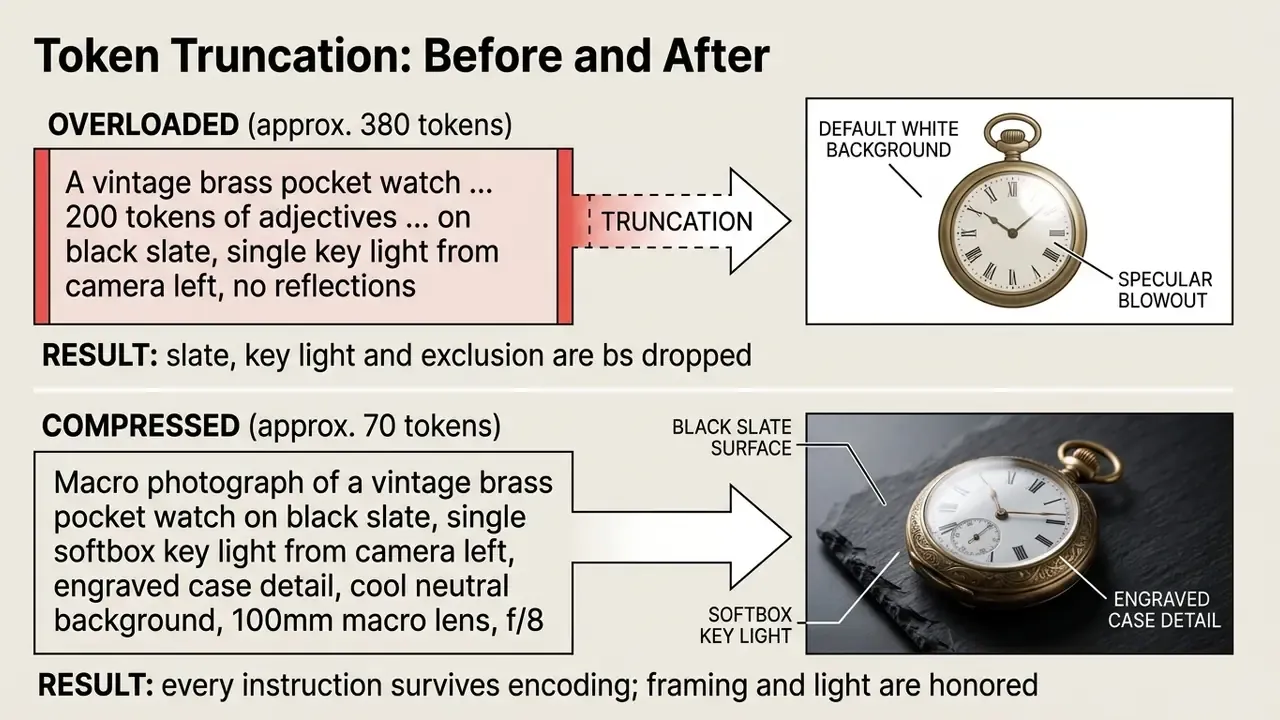 Diagram contrasting an overloaded prompt with a compressed one to show how token limits affect AI output