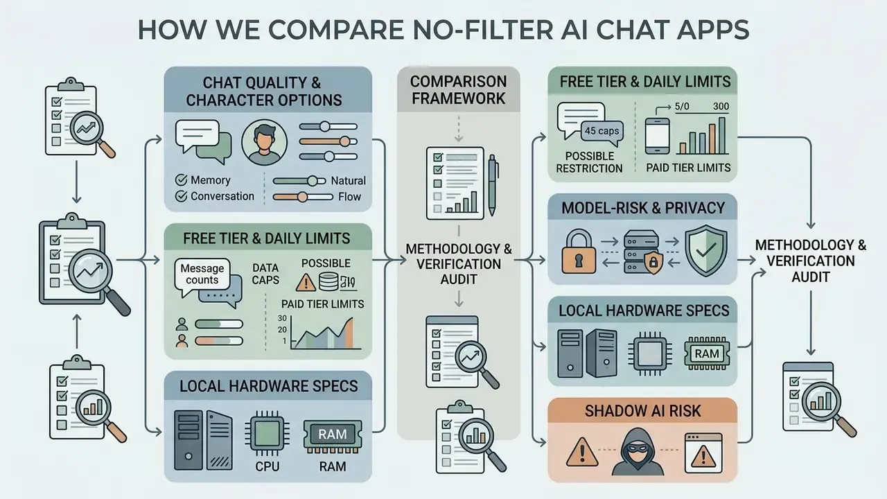 Flowchart outlining criteria for evaluating no-filter AI chat apps including quality, limits, and risk