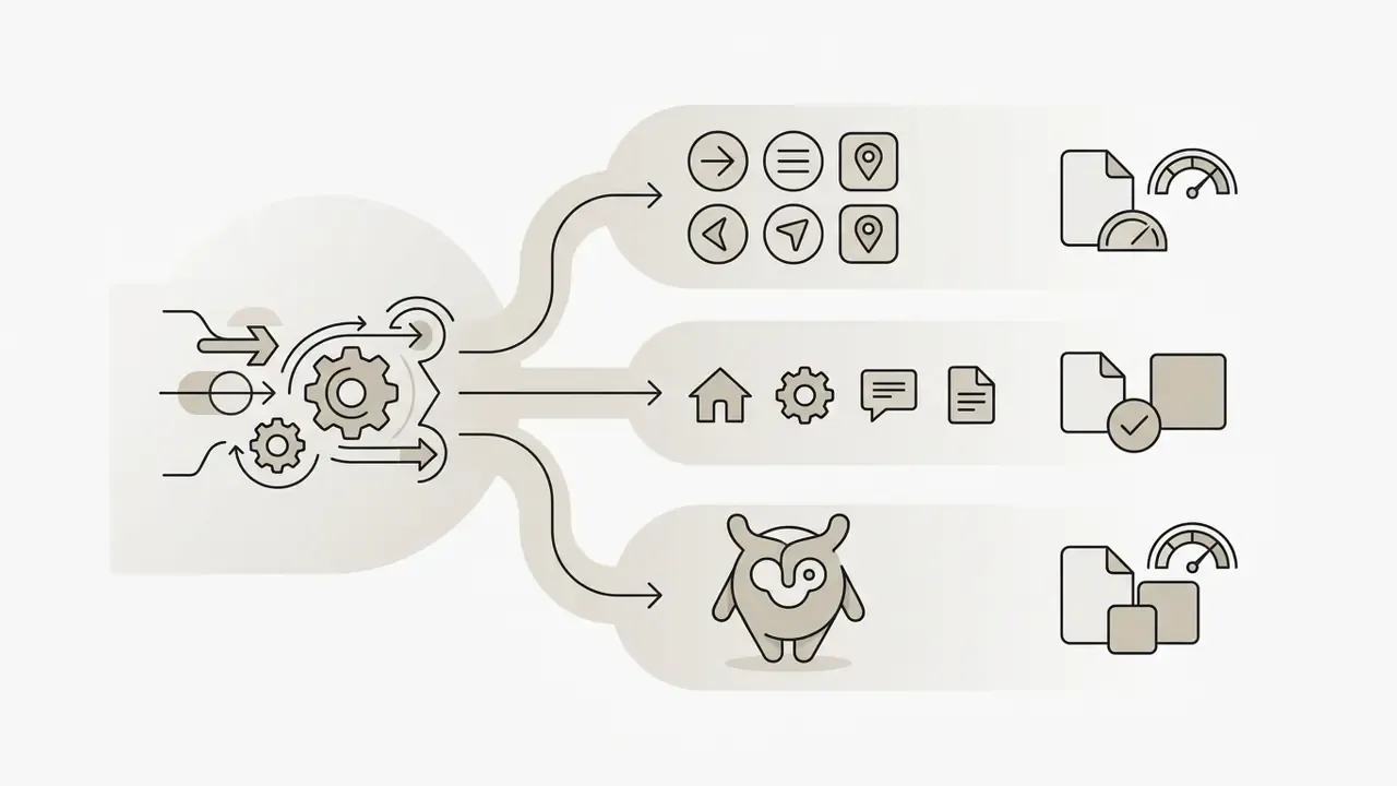 Central processing unit generating navigation symbols, UI icons, and a brand mascot for startup assets