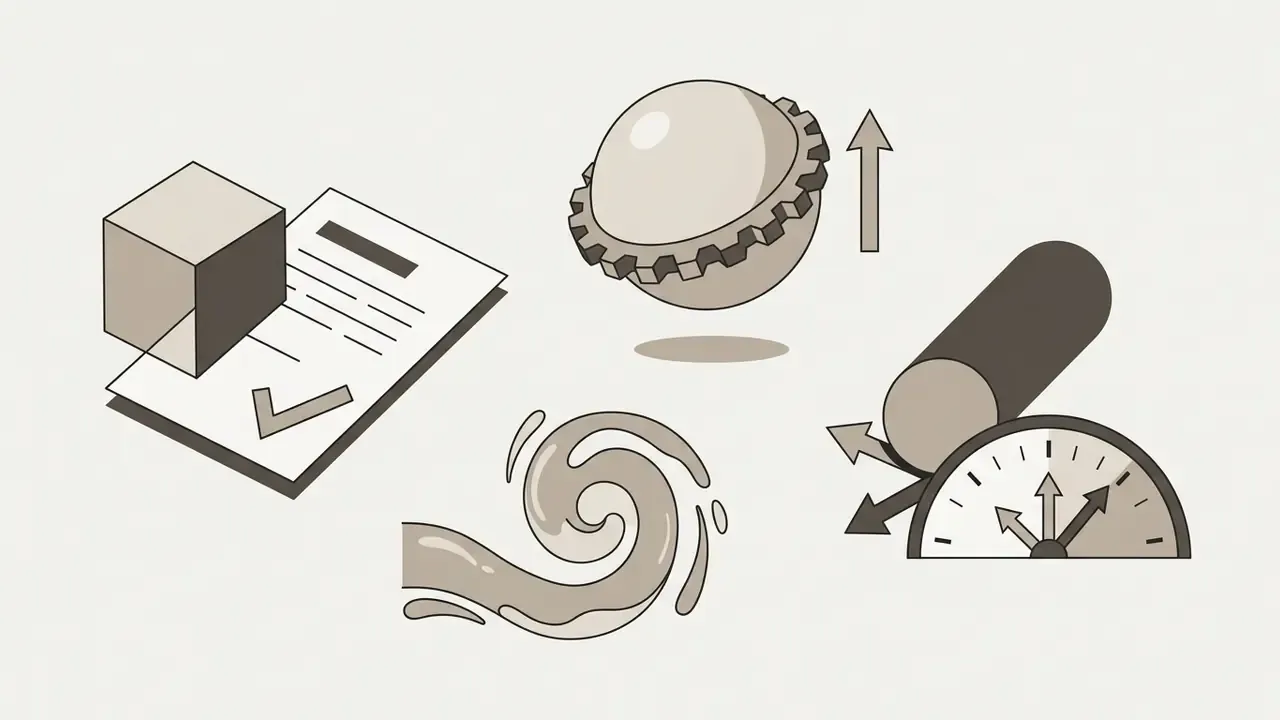 Icons depicting a cube intersecting a document, a floating gear, swirling fluid, and a directional gauge