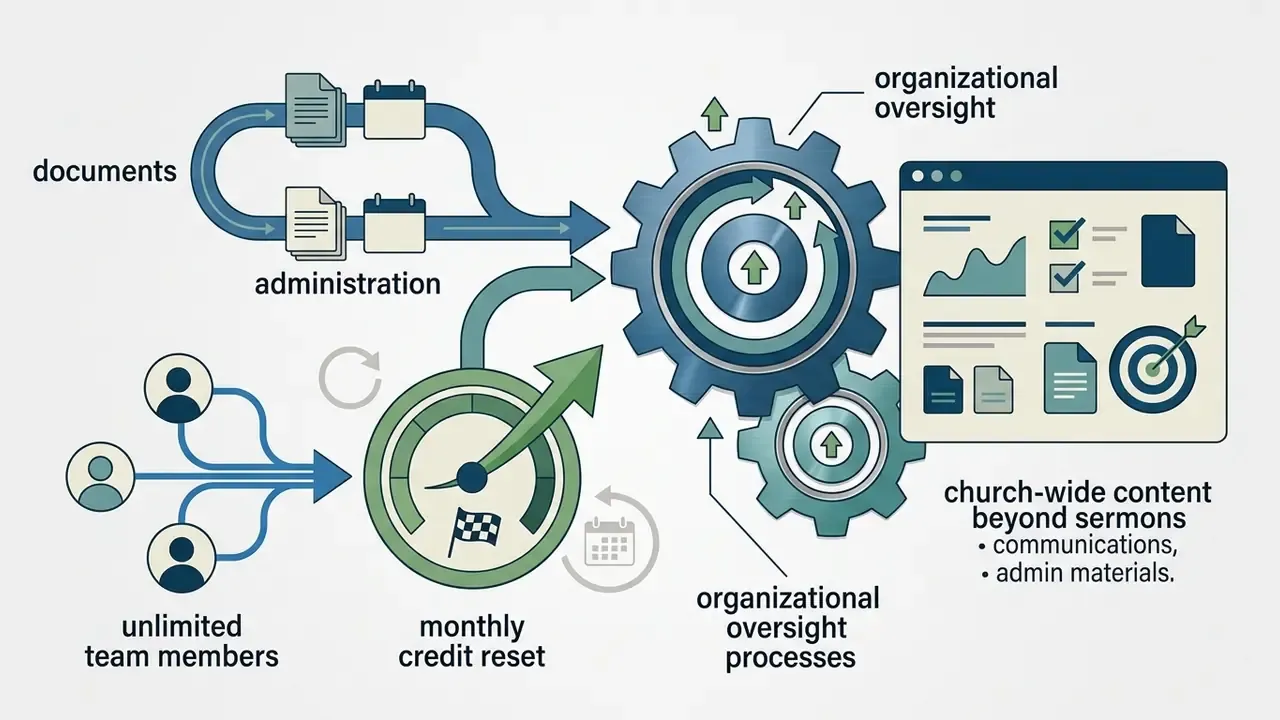 Team members and credit gauges feeding into a gear system that outputs organized ministry content