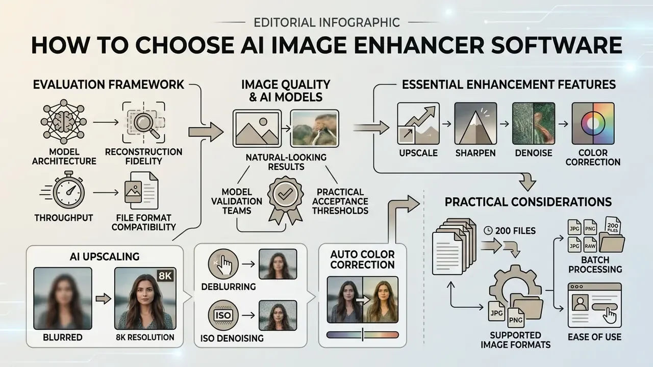 Flowchart detailing evaluation frameworks, model quality, enhancement features, and batch processing