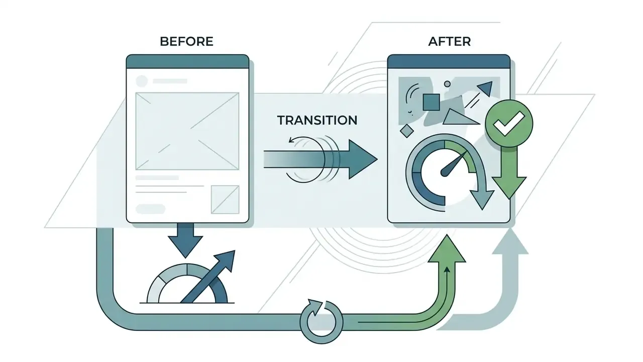 Static ad template transitioning into an animated interface with performance gauges and a checkmark