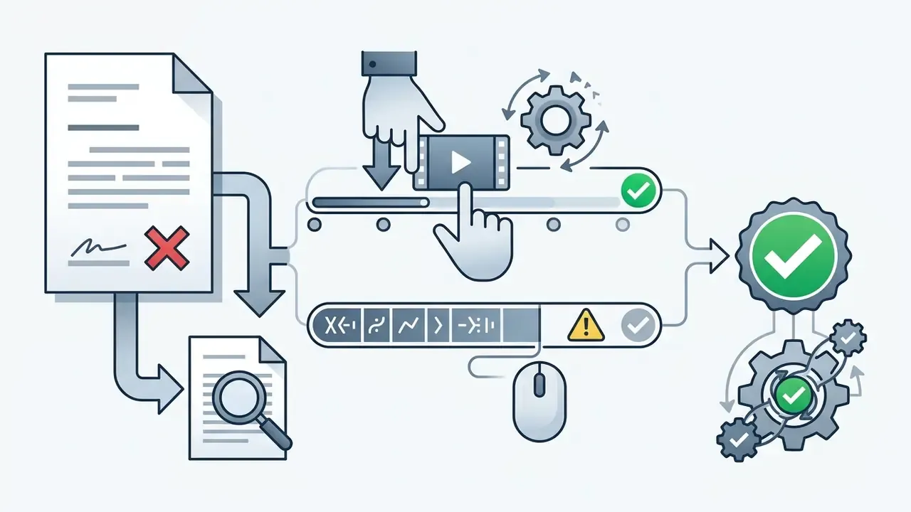 Document analysis showing drag and drop interface mechanisms for video editing and output verification