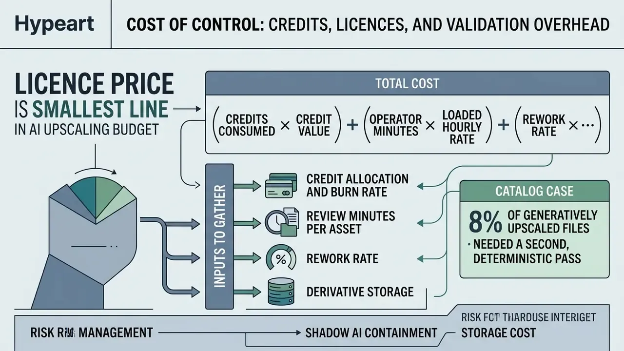 Infographic breaking down total cost components and input variables for an AI enhance image workflow