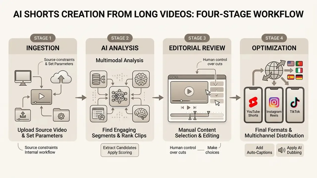 Four-stage workflow diagram showing video ingestion, AI analysis, manual editing, and platform optimization