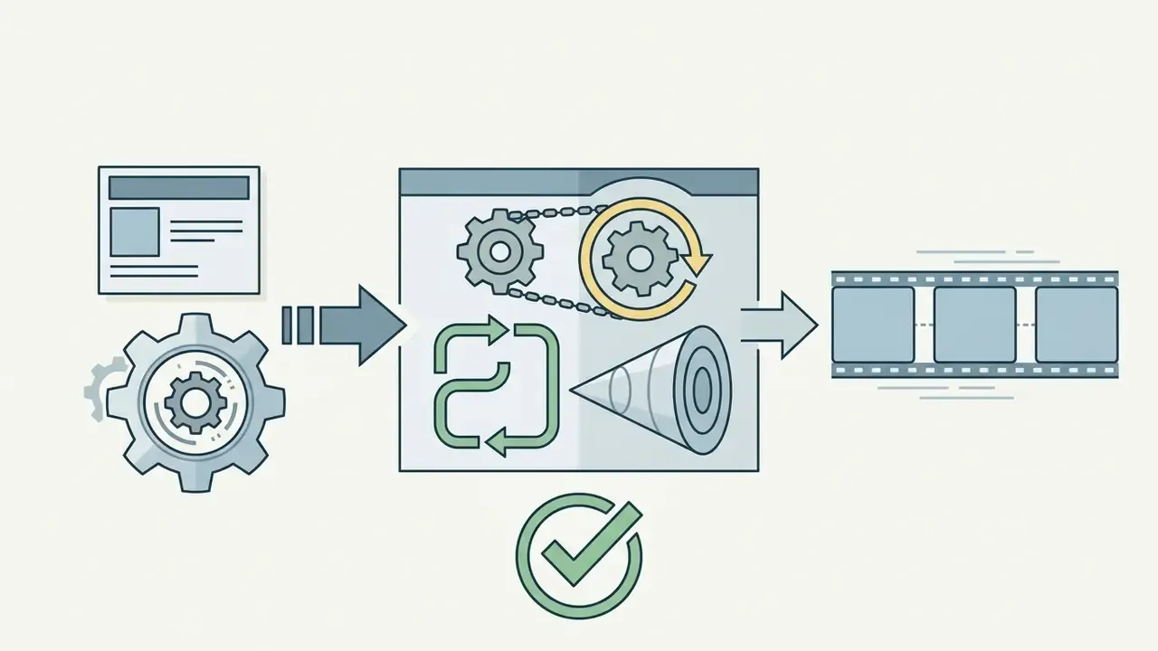 Process flow showing a static document and gear icon moving into a motion engine to create film strips