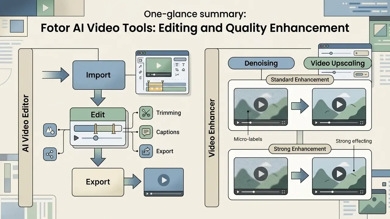 Flowchart detailing Fotor video editing steps alongside denoising and upscaling enhancement options