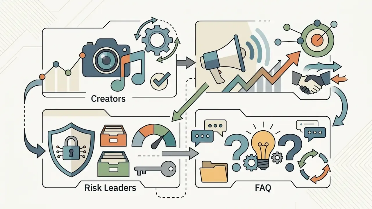 Folders containing icons for creative production, marketing growth, risk management, and question resolution